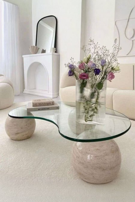 ⚪ طاولة زجاجية بقاعدتين حجر طبيعي